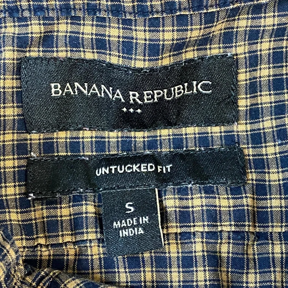 Banana Republic Button Down Men S‎ Plaid Cotton Untucked Fit Navy Blue Classic